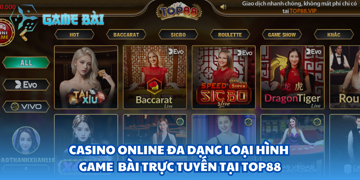 Casino online đa dạng loại hình game bài trực tuyến tại top88